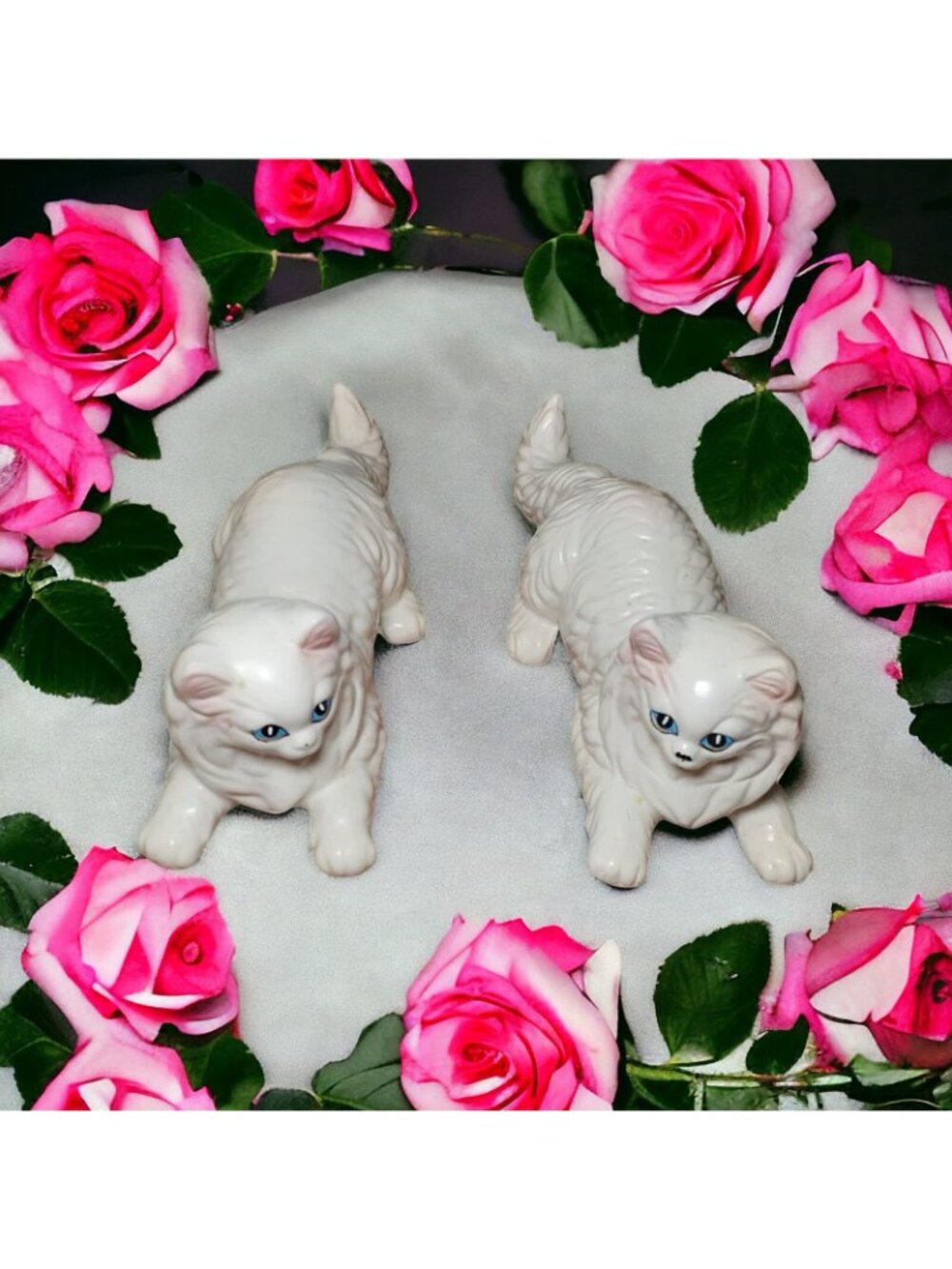 Vintage 1980s Large 10.5” Ceramic White Persian Cats Made in Japan